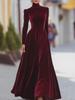 Vestido Largo de Terciopelo Dorado con Cuello Alto, Mangas Abullonadas y Cintura Ajustada para Mujer – Elegante Falda Amplia de Otoño/Invierno.