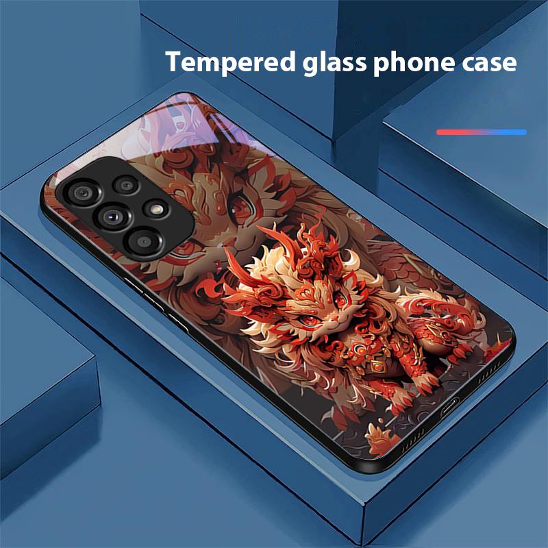 Chinese Style Lion For Samsung Galaxy S 8 9 10 20 Plus 21 FE 22 23 24 Ultra S7 Edge Black Tempered Glass Phone Case Hard Shell