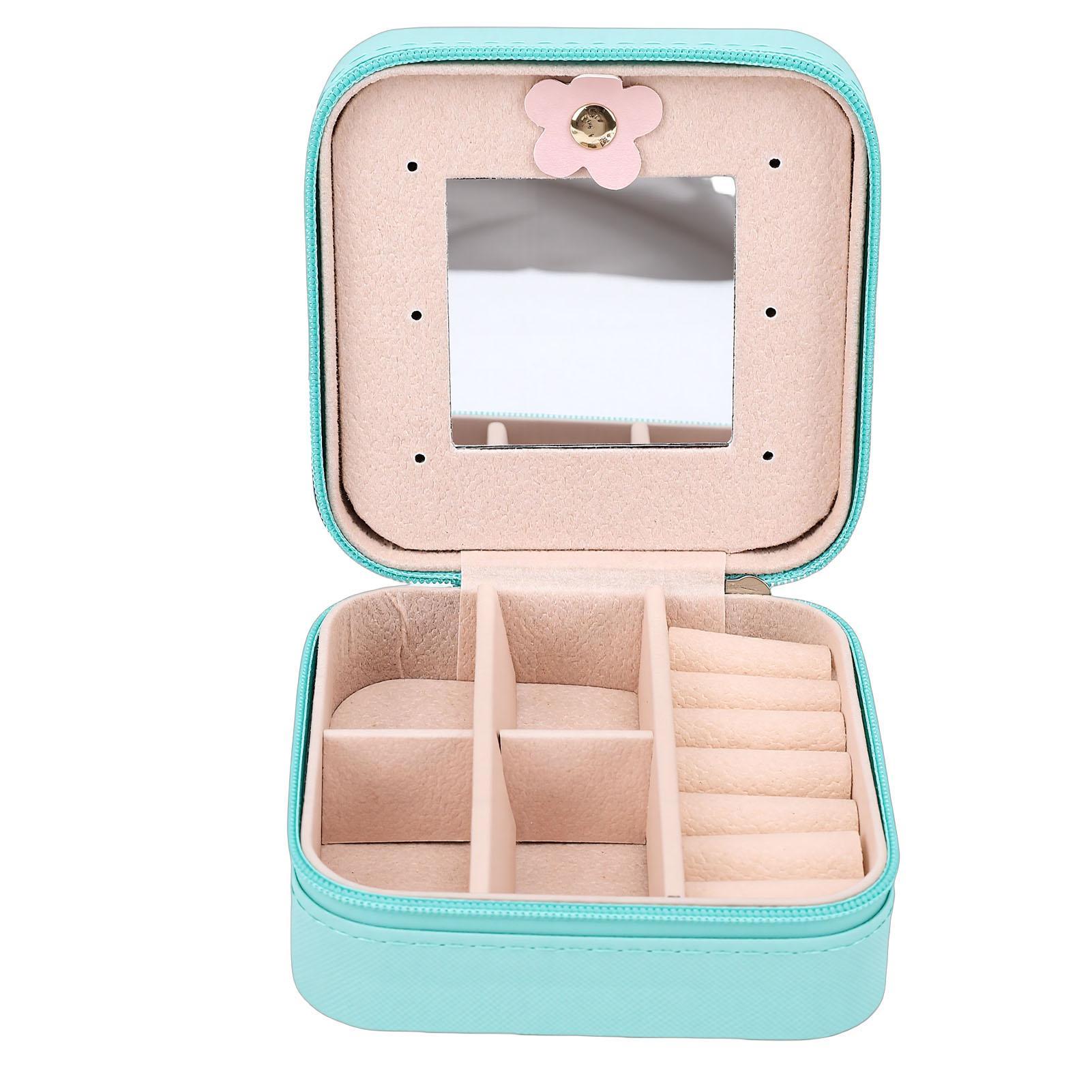 

Travel Jewelry Box PU Leather Jewelry Organizer with Mirror 6 Ring Rolls 3 Necklace Hooks 4 Compartments Removable