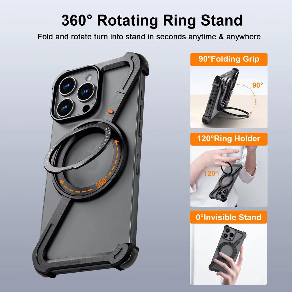 Eary Z Case for iPhone 16 15 14 13 12 Pro Max for Magsafe 360°Rotatable Magnetic Kickstand Metal Frameless Bumper Phone Cover