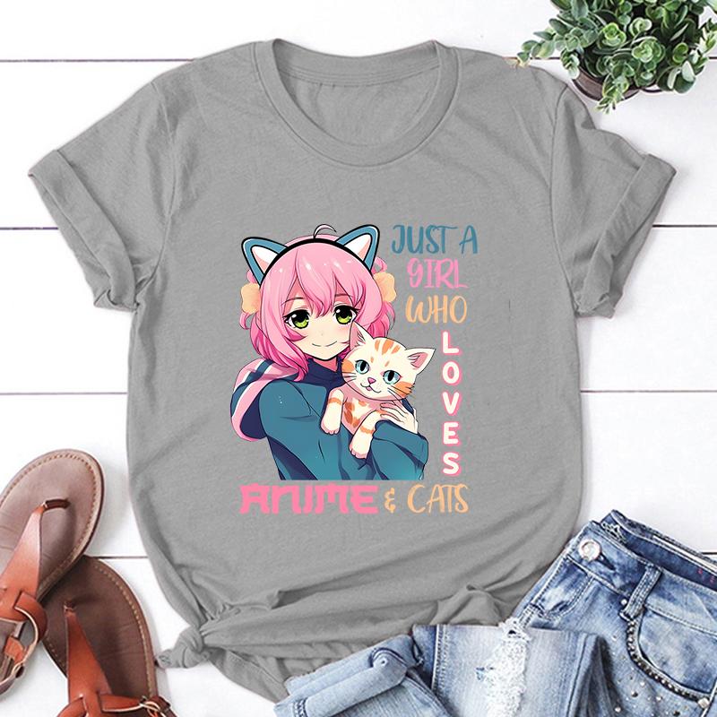New Hot Just A Girl Who Loves Anime Cats Printed T-Shirts Women Unisex Casual Loose Round Neck Creative Personalized T-Shirt