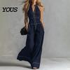 Polyester Jumpsuit Damen Ärmelloser Jumpsuit, Reißverschluss Stehkragen Weiter Bein Alle Größen Hosen Strampler, Lässige Sommer Einteiler Outfits mit Taschen