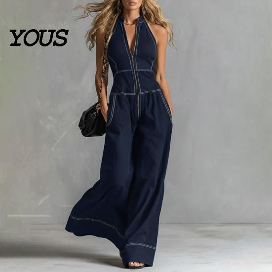 Polyester Jumpsuit Damen Ärmelloser Jumpsuit, Reißverschluss Stehkragen Weiter Bein Alle Größen Hosen Strampler, Lässige Sommer Einteiler Outfits mit Taschen