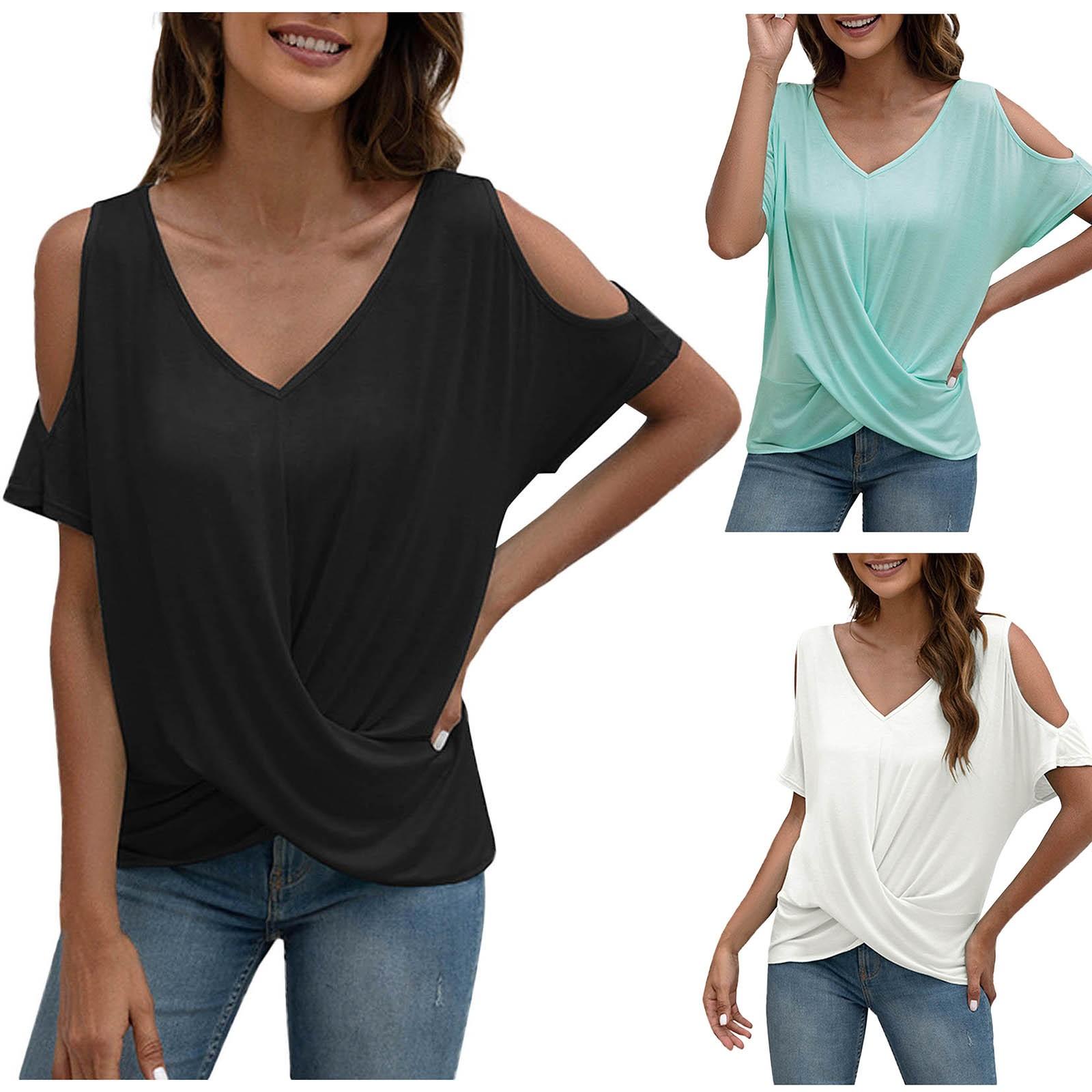 

Женская модная повседневная однотонная футболка с v-образным вырезом и открытыми плечами, нерегулярная футболка с короткими рукавами, топ
