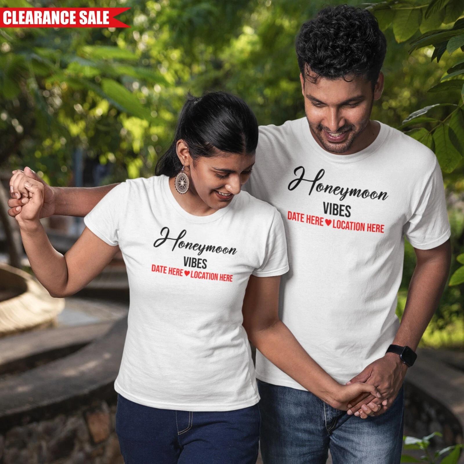 Honeymoon Vibes Personalised T Shirt Couples Wedding Gift Matching Printed Top L