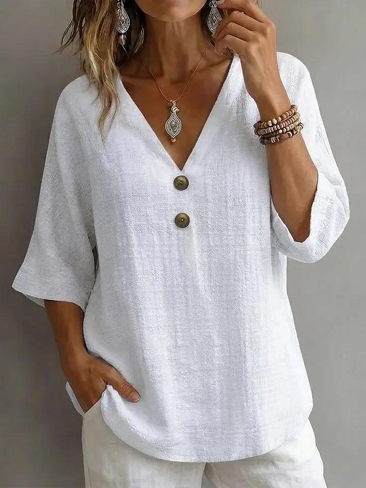 Women s V Neck 3/4 Sleeve Button Detail Blouse Solid Light Green Casual Top S белый