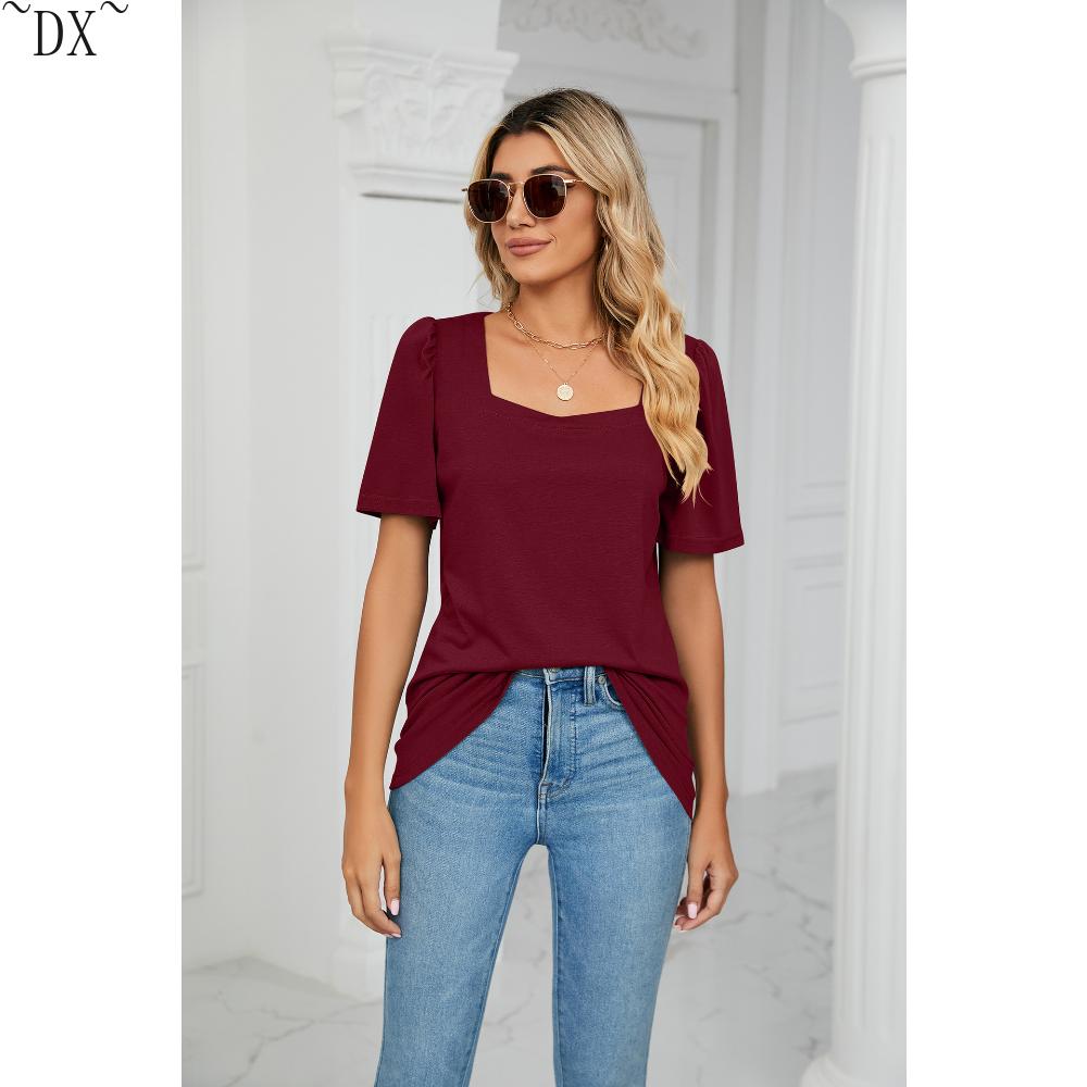 DX~~ Весенне-летняя новая однотонная свободная футболка с квадратным воротником — фото 13