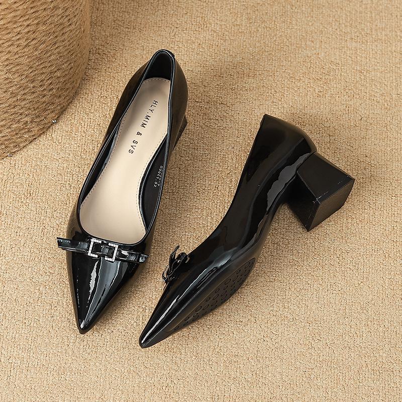 G420-7 French Pointed Head 2025 Autumn New Thick Heel Rhinestone Paint Surface Fashion Korean Version Temperament Commuter Shoes Women