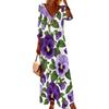 Women Plus Size V Neck Three Quarter Sleeve White Purple Floral Printed Long Dress