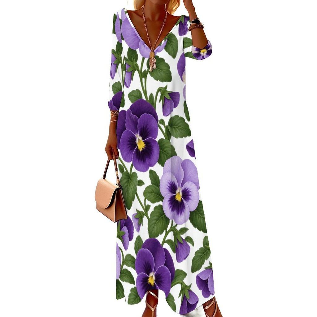 Women Plus Size V Neck Three Quarter Sleeve White Purple Floral Printed Long Dress