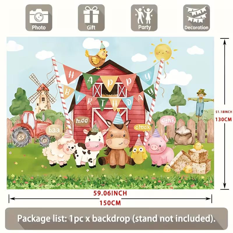 2D Kids Barnyard Birthday Backdrop, Farm Animal Themed Party Decoration Background