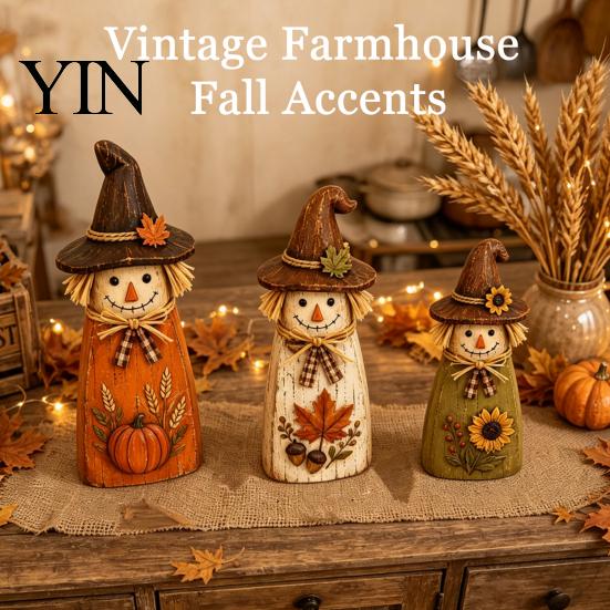 Solid Wood Seasonal Centerpiece 3Pcs Rustic Wooden Halloween Cat Tabletop Decor, Farmhouse Black Figurine Indoor Party Supplies with Witch Hat, Autumn