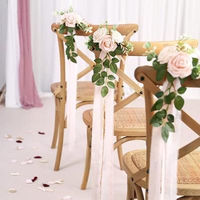 2 Stück Hochzeitsgang-Dekorationen, Kirchenbank-Blumen für Hochzeitszeremonie, Party-Stuhl-Dekor mit künstlichen Blumen, Eukalyptus und Bändern