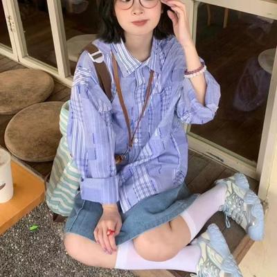 Blue Plaid Shirt for Women Loose College Style Long Sleeved Blouses Japanese Turn-down Collar Female's Versatile Shirts