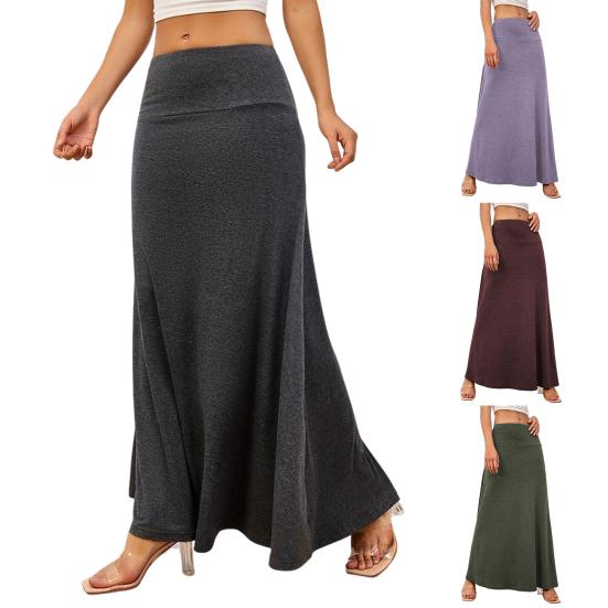 Jupe longue élastique taille haute pour femme, coupe trapèze, couleur unie