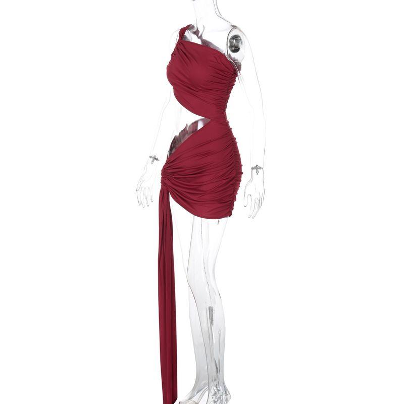 

Fashion Style Women s Clothing 2025 Summer Fashion Sexy One-Shoulder Tube Top Side Cut Out Drawstring Ribbon Dress Wine red L
