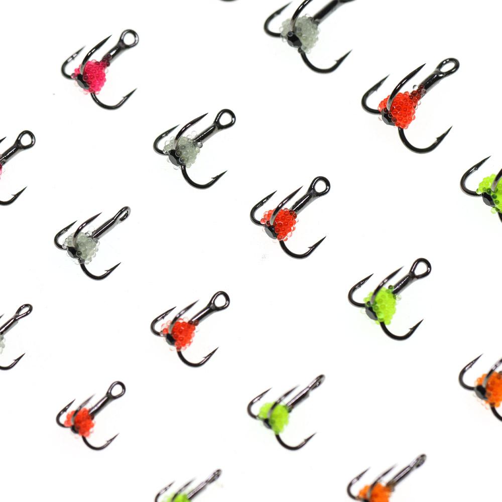 ICERIO 10PCS Lifelike Egg Bead Treble Hooks Glow Ice Fishing High Carbon Steel Sharp Barbed Fishing Hooks for Trout & Salmon
