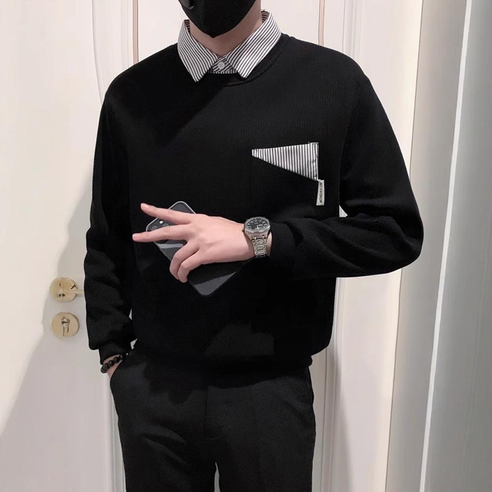 Splicing Lapel Sweater Trendy Brand Men's Autumn Korean Wear Men's Inner Casual Top