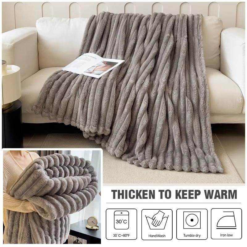 1 Piece Thickened Flannel Blanket Solid Color Soft Fluffy Plush Throws for Sofa Bed Office Travel Coral Rabbit Plush Blanket Winter Thermal Blanket