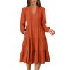Women's V-Neck Flowing Layered Bohemian Long-sleeved Solid Colour Dress