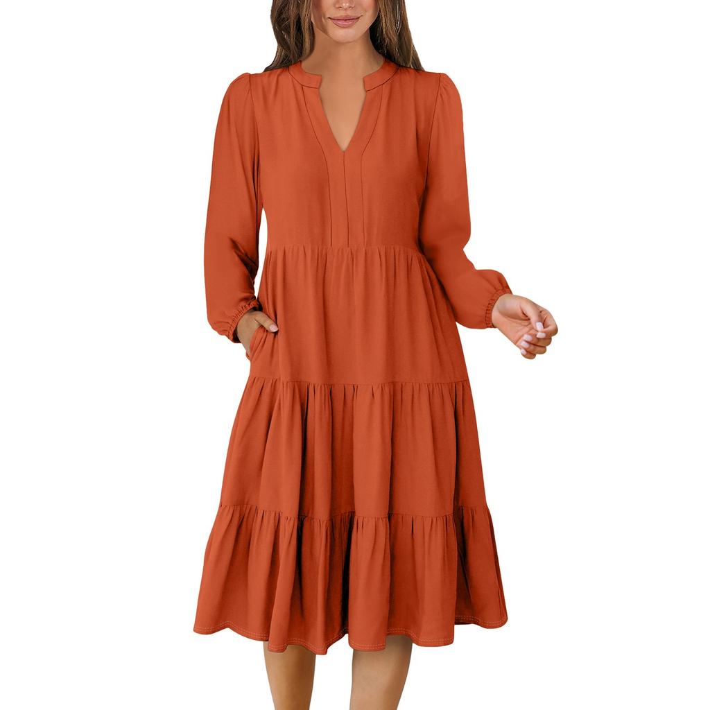 Women's V-Neck Flowing Layered Bohemian Long-sleeved Solid Colour Dress