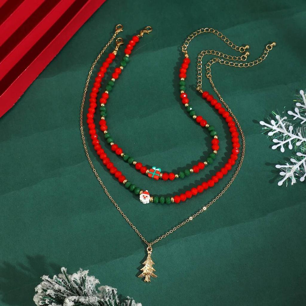 SHIXIN Retro Red Green Crystal Bead Chain Choker Necklace for Women Cute Christmas Tree Snowman Pendant Necklace Jewelry Gifts