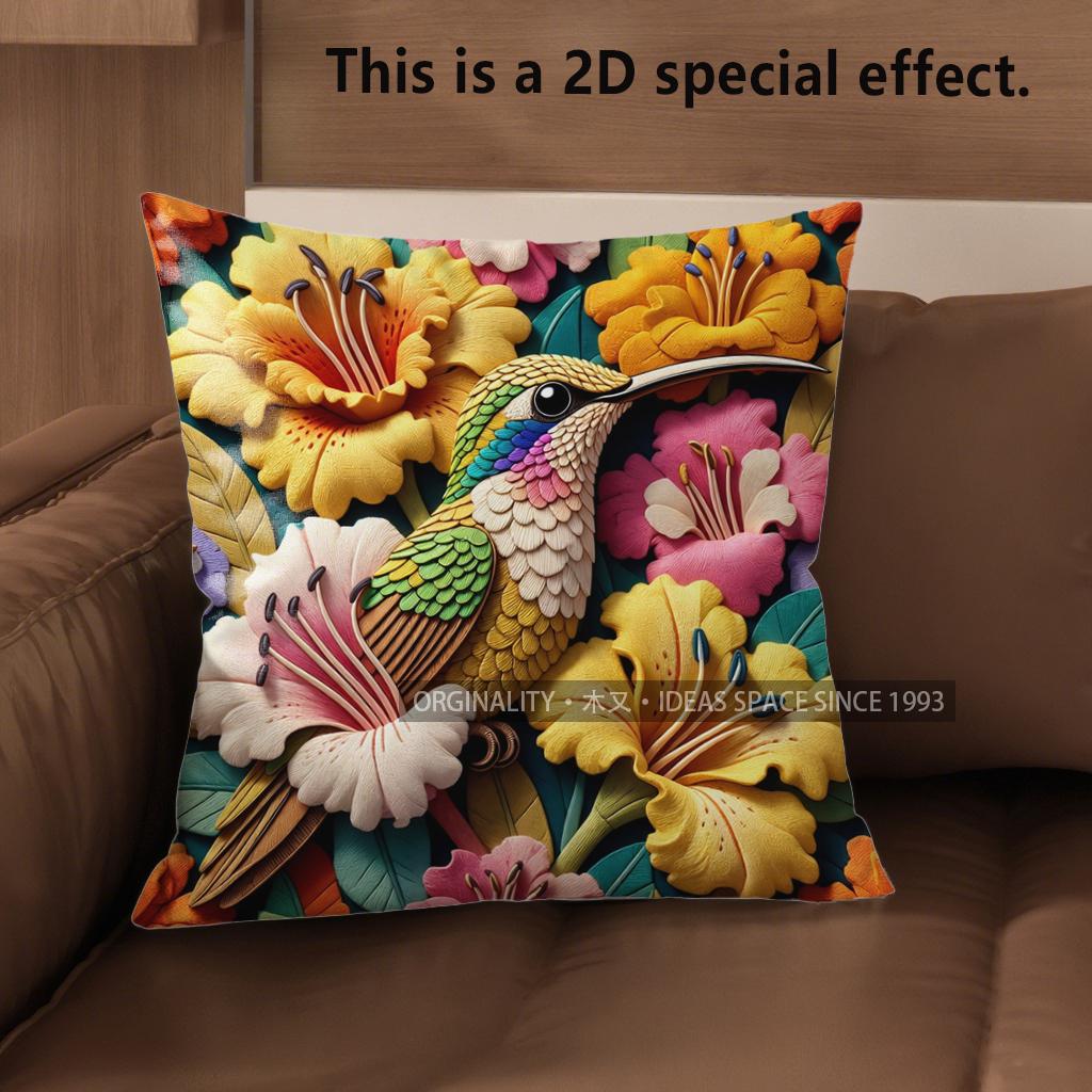 2D Vintage Hummingbird Floral Throw Pillow Covers Pattern Cushion Cover Suitable For Sofa Bedroom Car Pillow Cover