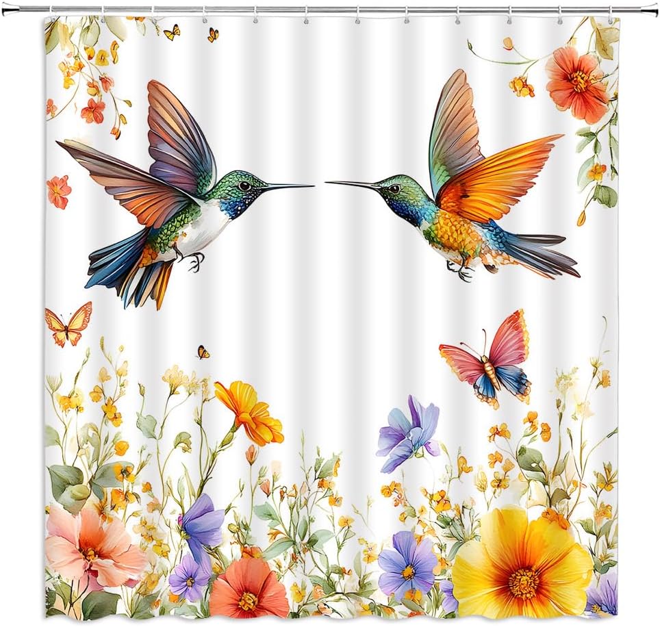 Flower Hummingbird Shower Curtain Colorful Wildflower Butterfly Watercolor Floral Bird Cute Spring Natural Plant Garden Bathroom
