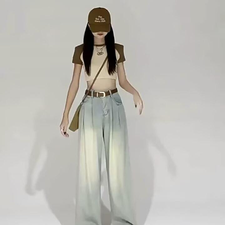 Korean Style High Waist Wide Leg Jeans - Women's Retro Pleated Loose Straight-Leg Pants for Spring & Autumn