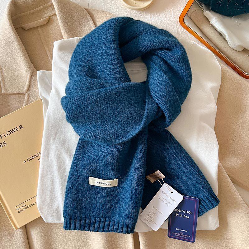 Australian Wool Small Scarf Women'S Winter Solid Color Knitted Scarf Korean Version Thickened Warm Neck Protection
