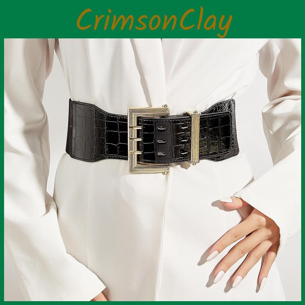 Metal Square Fashion Buckle Decorative Stone Texture Women Casual Wide Waistband