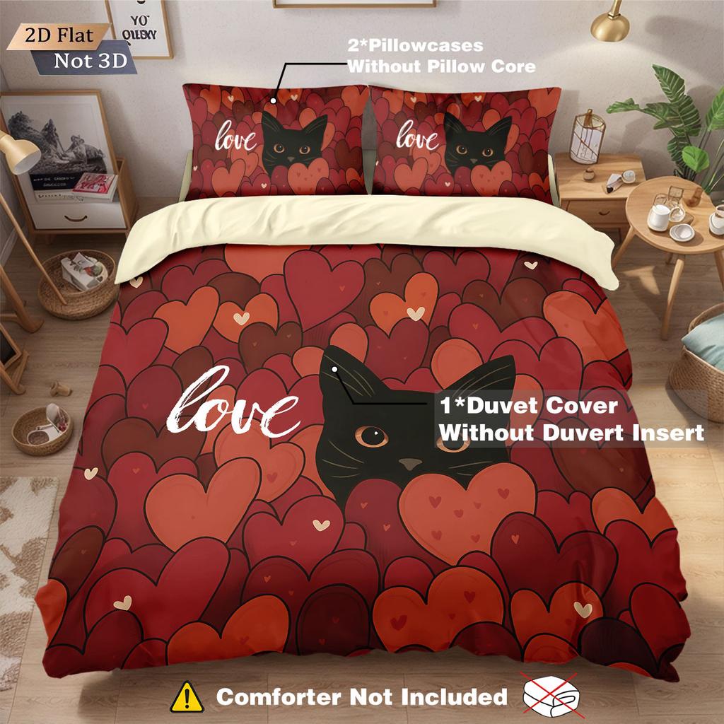 3pcs Valentine's Day Happy Romantic Love Cat Print Core less Down Duvet Cover Set Multi Size Bedroom Bedding Festival Decoration