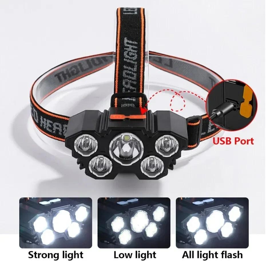 5LED Strong Light Headlamp USB Rechargeable Fishing Head Flashlight Camping Cycling Head Mounted Mine Lamp Flashlight Headlight