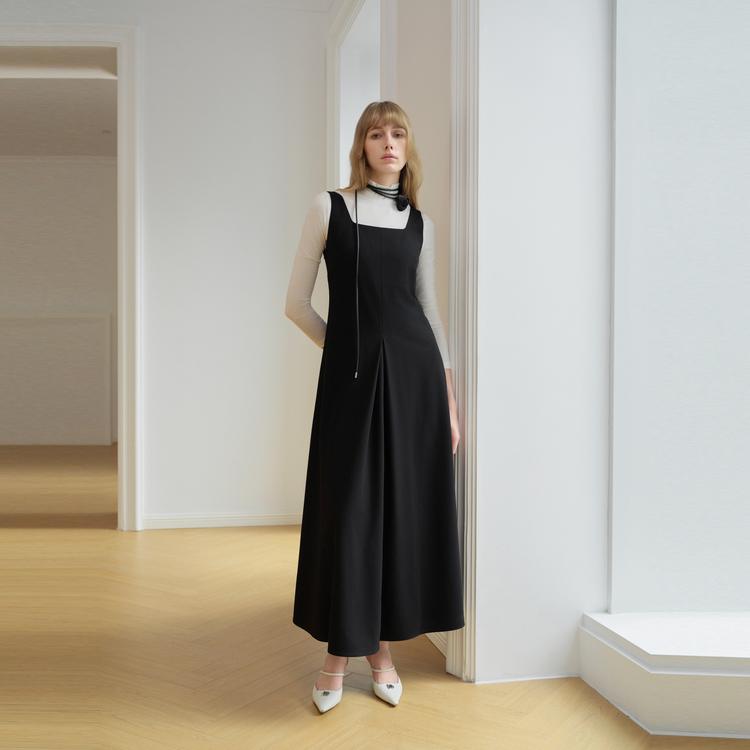 ELLE Solid Color U-Neck Mid-Length Wool Sleeveless Dress Women dresses Black L7WLM025