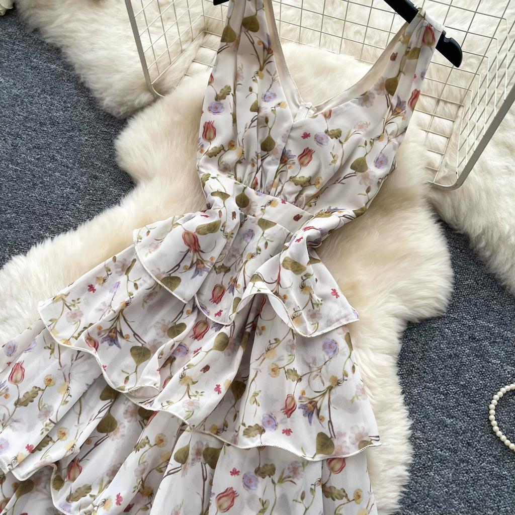 Summer Vacation Floral Printed Halter Chiffon Tiered Maxi Dress for Women Sexy V-Neck Backless Lace-up Ruffles Holiday Long Dress