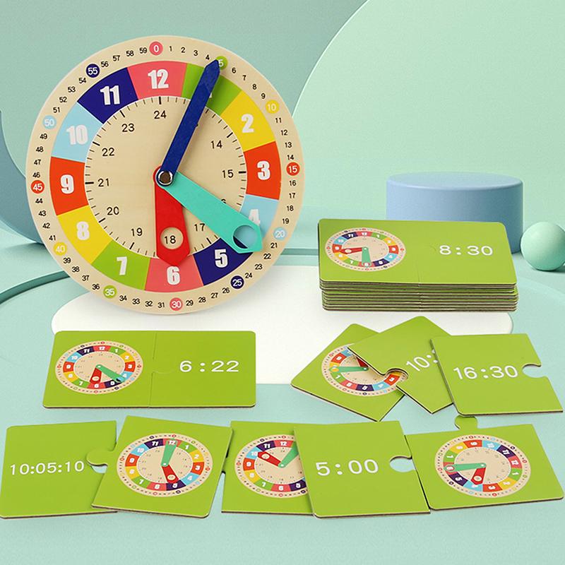 Wooden Clock Model Teaching Aid Learning Clocks With Cards Kindergartner Toy For Game Interaction Time Cognitive