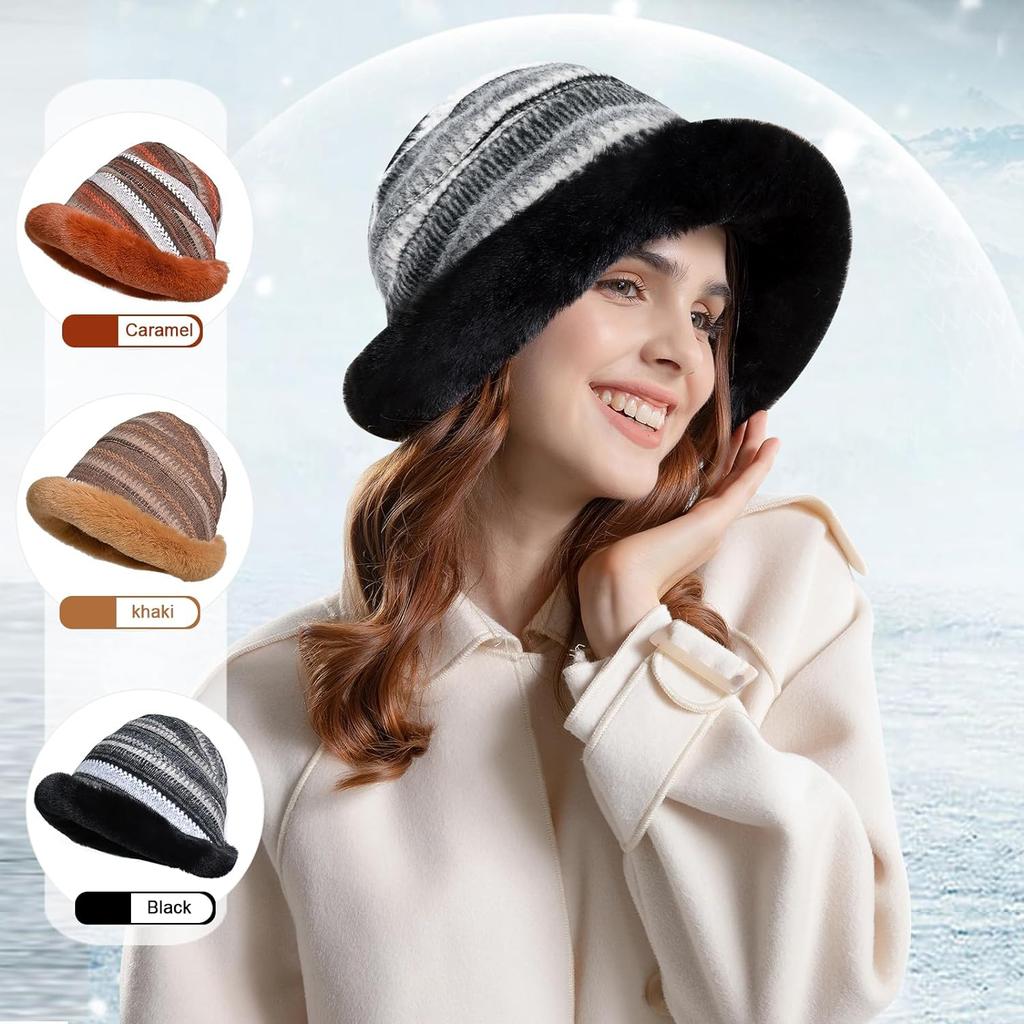 Winter Bucket Hat for Women Warm Hats Faux Fur Fisherman Cap, Women Winter Furry Bucket Hat Rolled Brim Faux Fur Cloche Hat