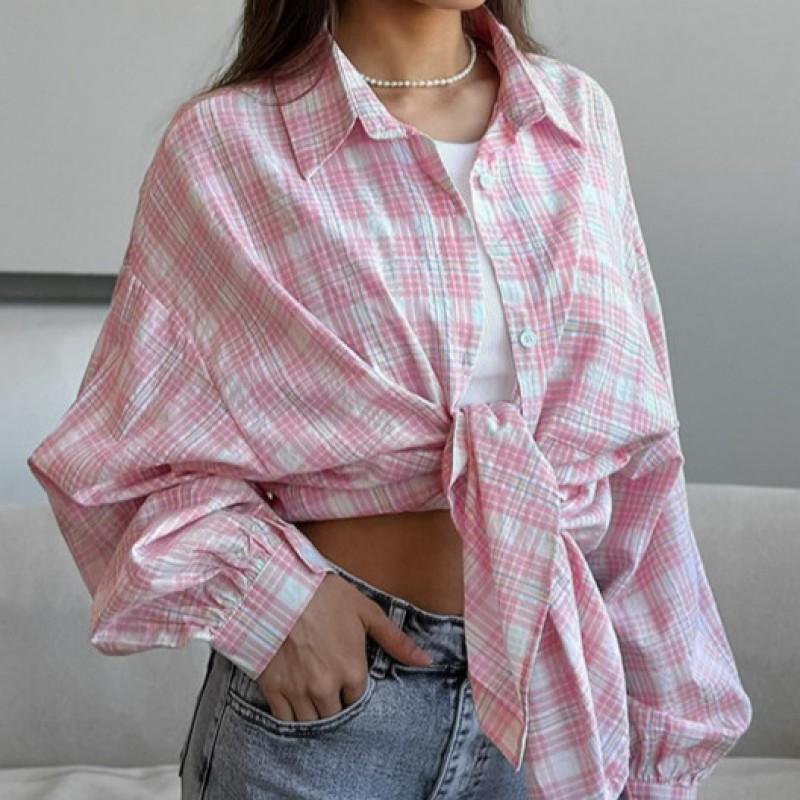 Womens Oversized Pink Plaid Shirt Loose Long Sleeve Button-Up Top Casual Streetwear