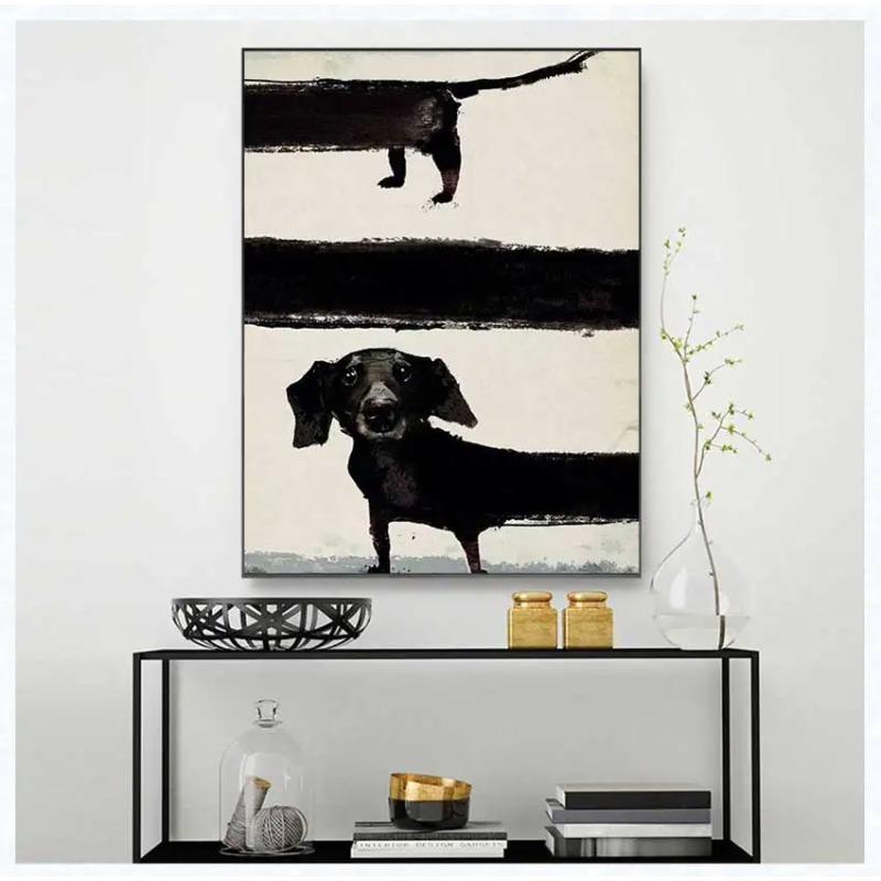 Modern Lustige Tiere Wandkunst Poster Drucke Abstrakt Schwarzer Dackel Hund Leinwandbild Bild für Wohnzimmer Heimdekoration