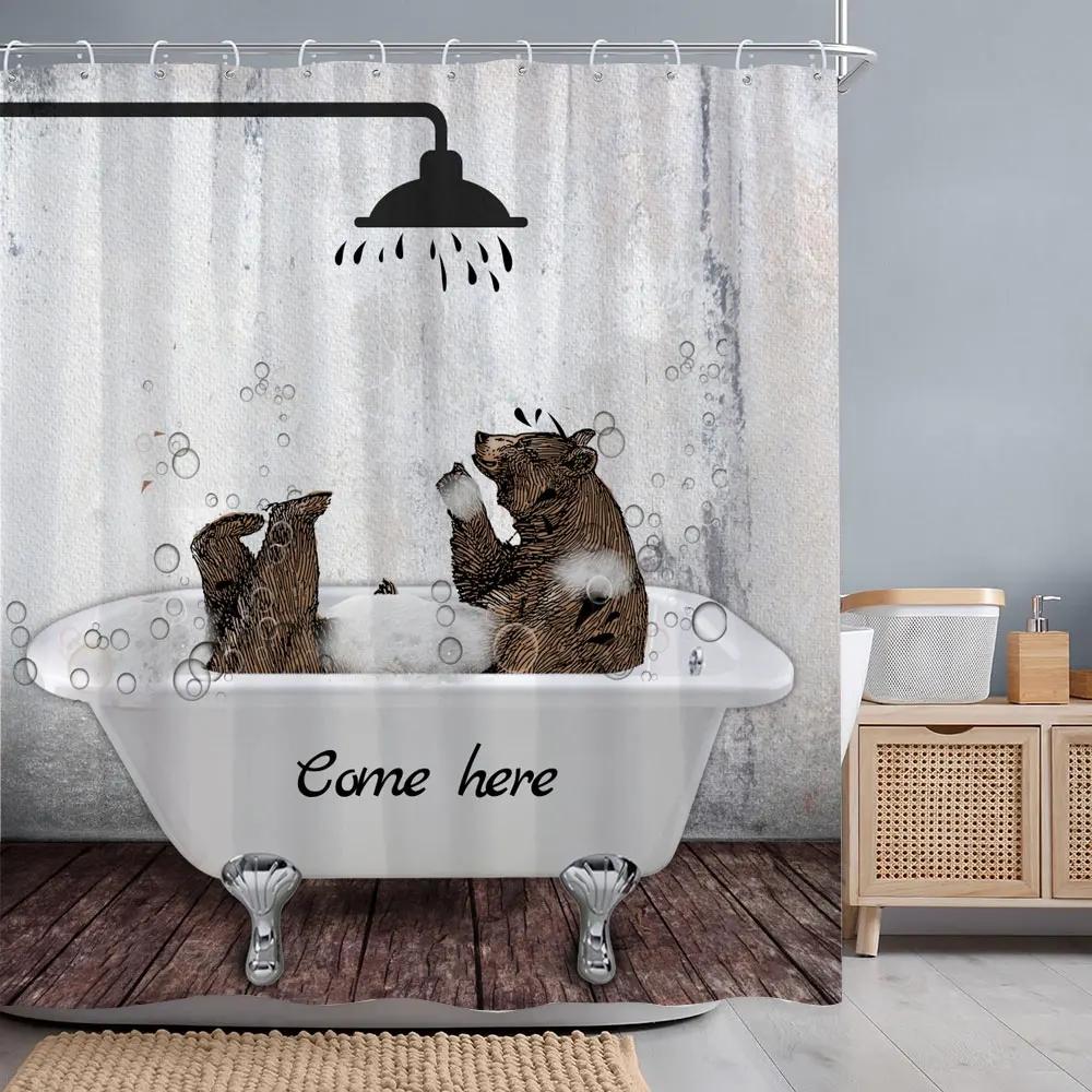 Vintage Brown Bear Shower Curtain Rustic Wooden Panel Texas Star Black And White Check Jungle Fabric Bath Curtain Bathroom Decor