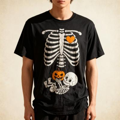 Halloween Skeleton Baby Rib Cage Maternity Pregnant Pumpkin T-Shirt