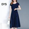 Lady Summer Dress A-line Patchwork Midi Dress O Neck Short Sleeves Lace-up Waist Solid Color Dress for Dating Parties Commuting