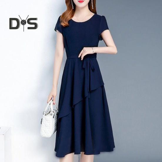 Lady Summer Dress A-line Patchwork Midi Dress O Neck Short Sleeves Lace-up Waist Solid Color Dress for Dating Parties Commuting
