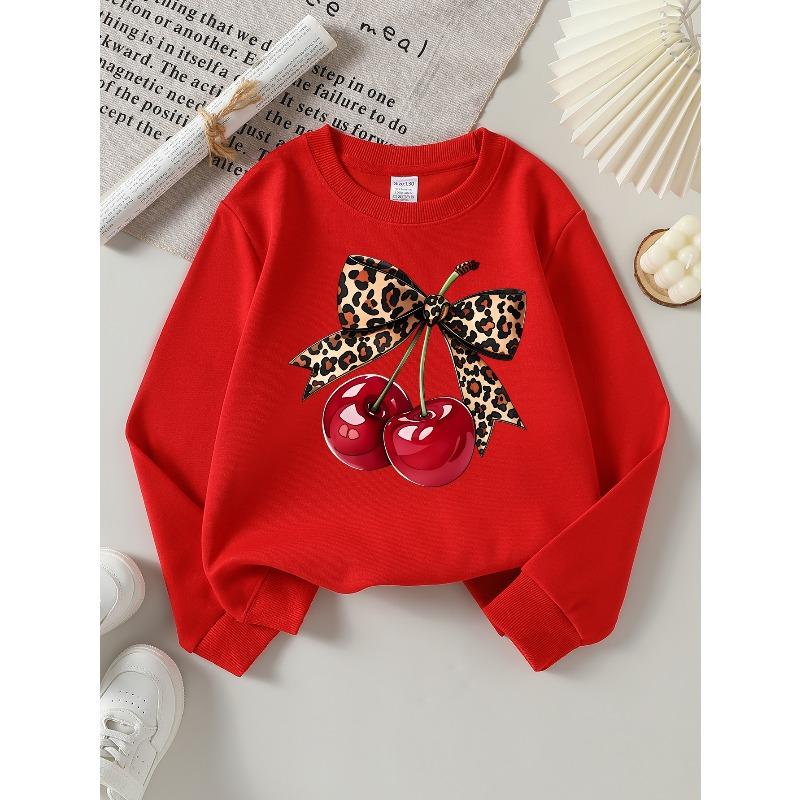 Girls' Sweatshirt, Girls' Clothes, Girls' Round Neck Fashion Sweatshirt, Leopard Print Bow Cherry, Girls' Autumn And Winter Trendy Print Sweatshirt