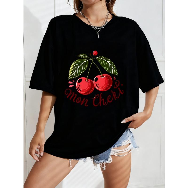 Bawełniany T-shirt Biały z Nadrukiem Wiśni Mon Cheri Tekst Letnia Codzienna Odzież