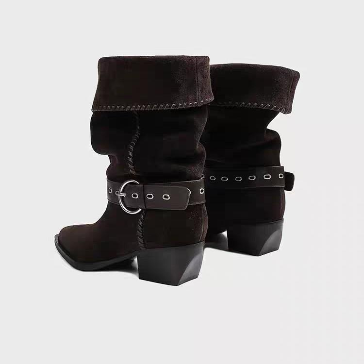 Spot~ White Deer Same Retro Two-wear Knight Boots 2025 New Autumn and Winter Pointed Pleated Western Pile Boots