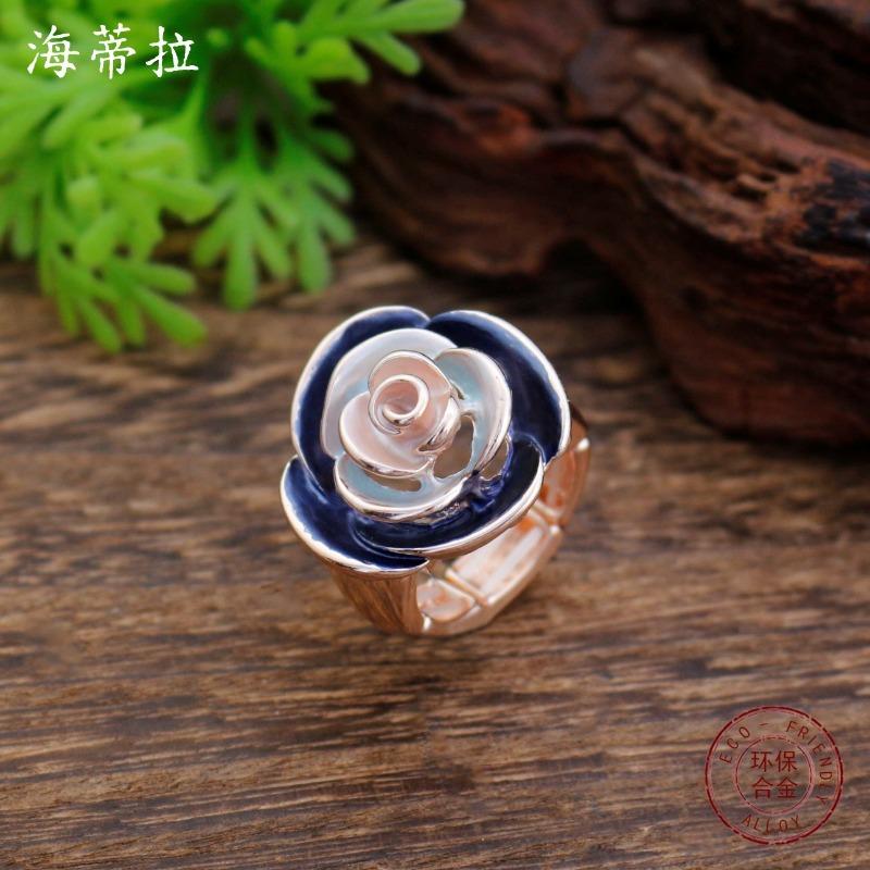 New Enamel Hollow Rose Elastic Ring Women's Simple High-end Three-dimensional Flower Ring