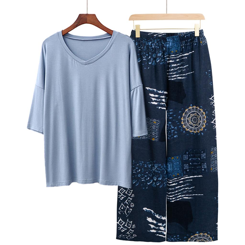Pajamas Women's Spring and Summer New V-neck Short-sleeved Cotton and Linen Pants European and American Large-size Loungewear Two-piece Set