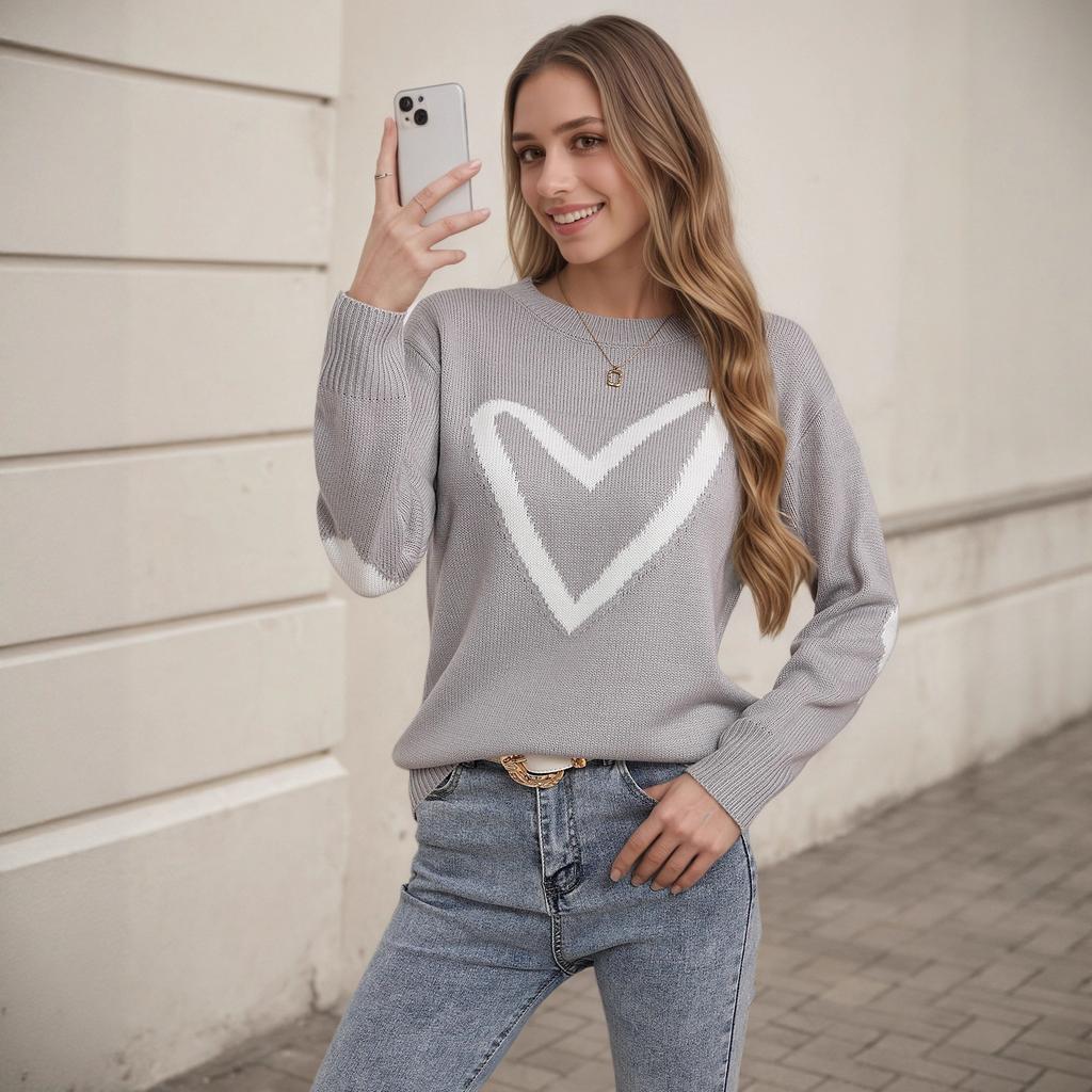 Europa, Amerika Herbst und Winter Neuer Pullover Damen Valentinstag Liebe Jacquard Pullover Strickpullover Oberteil