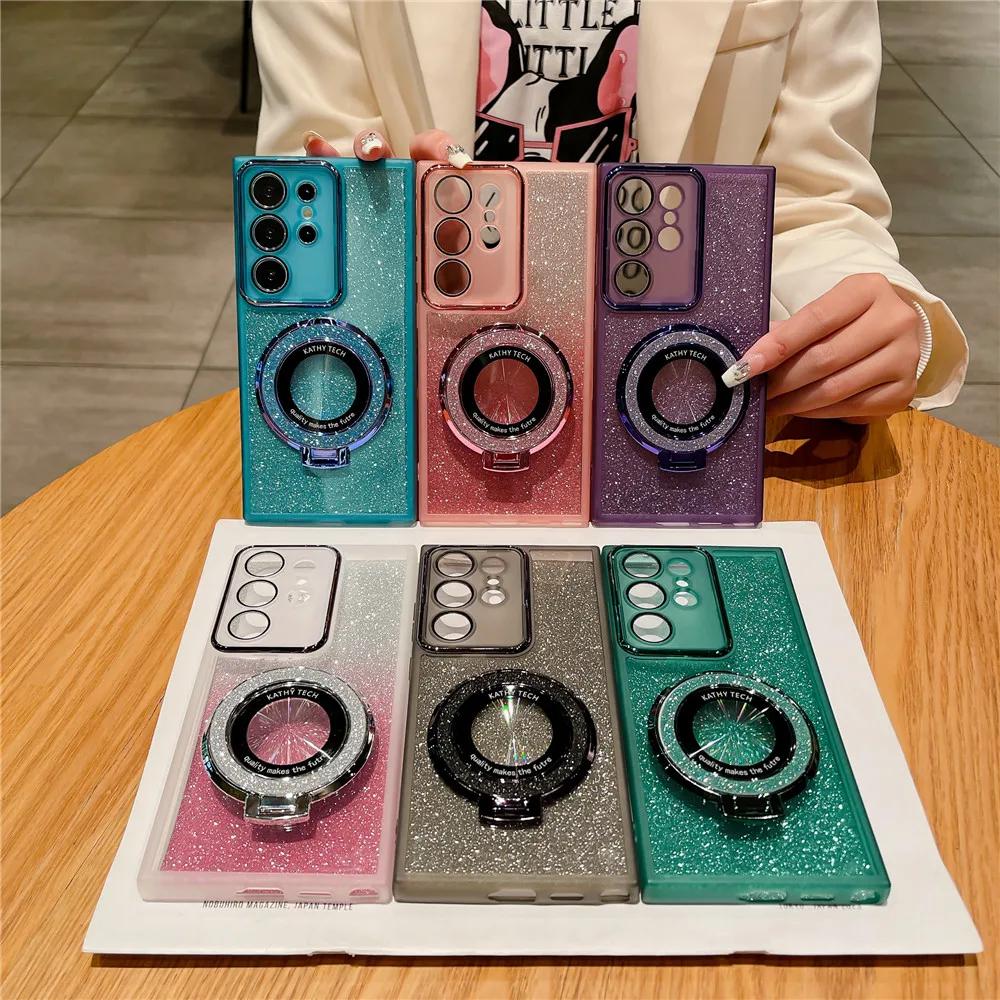 Glitter Magnetic Holder Silicone Case for Samsung S24 S23 S22 S21 Ultra Plus FE A53 A14 A54 A15 A55 iPhone 16 15 14 13 12 11 Pro Max Plus XSMAX XR 8 7